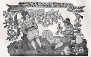 Holzfresken des Kunstmalers W. Erlacher, Märchenmotive wie „Das Schlaraffenland“ 