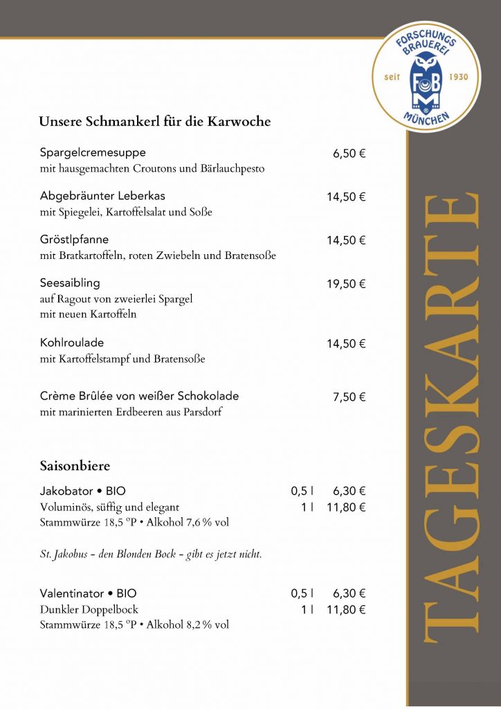 Tageskarte - Schmankerl der Woche im Bräustüberl Perlach